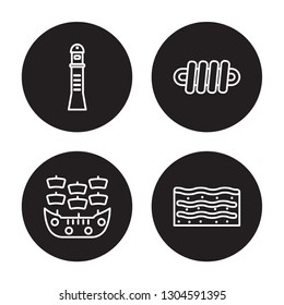 4 linear vector icon set : Smeaton's Tower?, pirate ship, Rope Tied, salt water isolated on black background, Smeaton's Tower?, pirate ship, Rope Tied, salt water outline icons