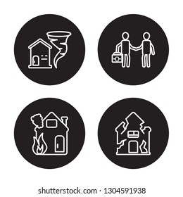 4 linear vector icon set : Insurance for home of tornado, House on fire, Insurance agent isolated on black background, Insurance for home of tornado, House on fire, Insurance agent outline icons