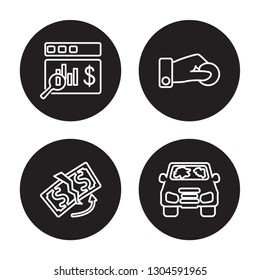 4 linear vector icon set : Actual Cash Value, replacement value, Beneficiary, total loss isolated on black background, Actual Cash Value, replacement value, Beneficiary, total loss outline icons