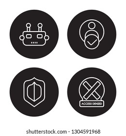 4 linear vector icon set : Bot, Antivirus, Authentication, Access denied isolated on black background, Bot, Antivirus, Authentication, Access denied outline icons