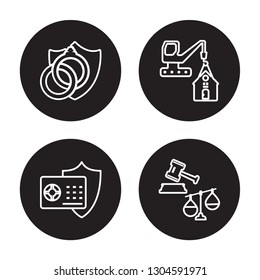 4 linear vector icon set : marriage contract, bank safe, construction risk, legal expenses isolated on black background, marriage contract, bank safe, construction risk, legal expenses outline icons