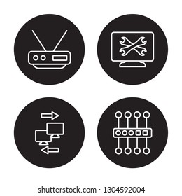 4 linear vector icon set : Router, Remote access, remote support, proxy server isolated on black background, Router, Remote access, remote support, proxy server outline icons