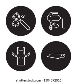 4 linear vector icon set : Bottle Opener, Apron, beater, aluminum foil isolated on black background, Bottle Opener, Apron, beater, aluminum foil outline icons