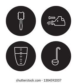 4 linear vector icon set : meat tenderizer, Measuring cup, Meat grinder, Ladle isolated on black background, meat tenderizer, Measuring cup, Meat grinder, Ladle outline icons