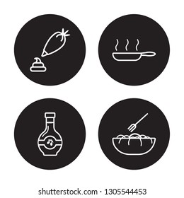 4 linear vector icon set : Pastry bag, Olive oil, Pan, Noodles isolated on black background, Pastry bag, Olive oil, Pan, Noodles outline icons