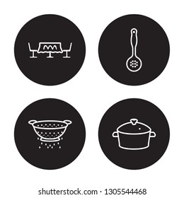 4 linear vector icon set : tablecloth, Strainer, sugar sifter, stew pot isolated on black background, tablecloth, Strainer, sugar sifter, stew pot outline icons