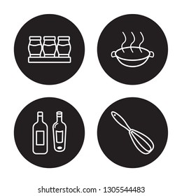 4 linear vector icon set : yogurt maker, Wine bottle, wok, Whisk isolated on black background, yogurt maker, Wine bottle, wok, Whisk outline icons