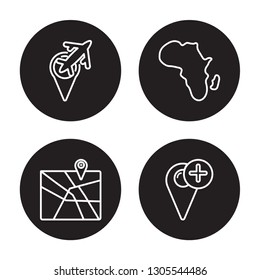 4 linear vector icon set : Airport Pin, Add to Map, Africa, Add Location isolated on black background, Airport Pin, Add to Map, Africa, Add Location outline icons