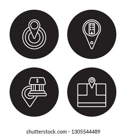 4 linear vector icon set : Center, Bank Pin, Building Pin, Arrow On Map isolated on black background, Center, Bank Pin, Building Pin, Arrow On Map outline icons