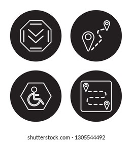 4 linear vector icon set : Distance, Destination, Disabled, Compass isolated on black background, Distance, Destination, Disabled, Compass outline icons