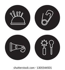 4 linear vector icon set : Pin cushion, Paint tube, Pin, Overstitch isolated on black background, Pin cushion, Paint tube, Pin, Overstitch outline icons