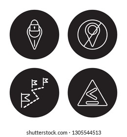 4 linear vector icon set : Location off, Left chevron, Location, information Point Pin isolated on black background, Location off, Left chevron, Location, information Point Pin outline icons