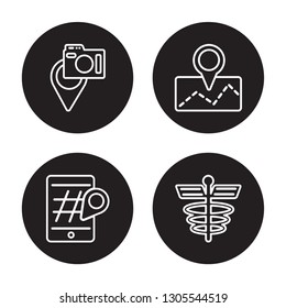 4 linear vector icon set : Places to photograph, Phone Location, Placeholder, Pharmacy isolated on black background, Places to photograph, Phone Location, Placeholder, Pharmacy outline icons