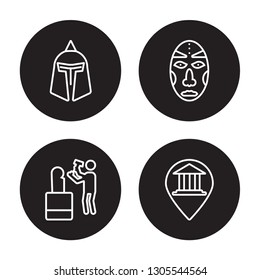 4 linear vector icon set : roman or greek Helmet, Sculpture, african Mask, museum Map isolated on black background, roman or greek Helmet, Sculpture, african Mask, museum Map outline icons