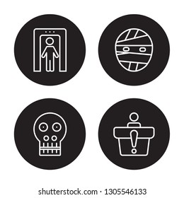 4 linear vector icon set : Metal detector, Anthropology, Mummy, Information desk isolated on black background, Metal detector, Anthropology, Mummy, Information desk outline icons