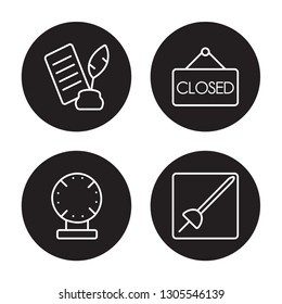 4 linear vector icon set : Poetry, Porcelain, Closed, museum Fencing isolated on black background, Poetry, Porcelain, Closed, museum Fencing outline icons