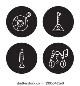 4 linear vector icon set : Music Record, Clarinet, Balalaika, Music note isolated on black background, Music Record, Clarinet, Balalaika, Music note outline icons