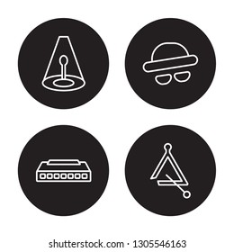 4 linear vector icon set : music Spotlight, Harmonica, Double bass, music Triangle isolated on black background, music Spotlight, Harmonica, Double bass, music Triangle outline icons