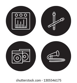 4 linear vector icon set : Sound bars, Album, Drumsticks, Trombone isolated on black background, Sound bars, Album, Drumsticks, Trombone outline icons