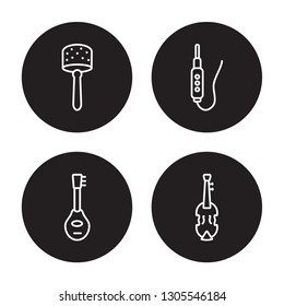 4 linear vector icon set : Cabasa, Mandolin, Jack, Cello isolated on black background, Cabasa, Mandolin, Jack, Cello outline icons
