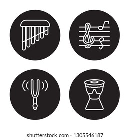 4 linear vector icon set : Panpipe, Tuning Fork, Clef, Djembe isolated on black background, Panpipe, Tuning Fork, Clef, Djembe outline icons