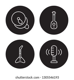4 linear vector icon set : Cymbal, Jazz, Ukelele, Voice recording isolated on black background, Cymbal, Jazz, Ukelele, Voice recording outline icons