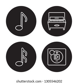 4 linear vector icon set : Musical Note, Lyre, Music player, Horn isolated on black background, Musical Note, Lyre, Music player, Horn outline icons