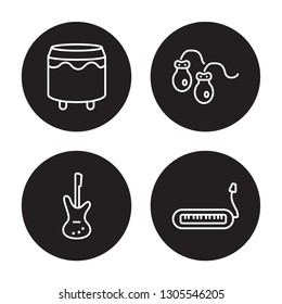 4 linear vector icon set : Castanets, Melodica, Bass Guitar, Acoustic isolated on black background, Castanets, Melodica, Bass Guitar, Acoustic outline icons