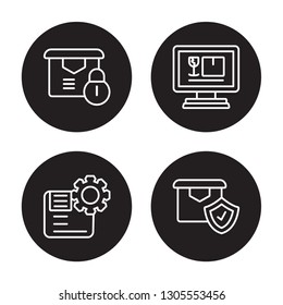 4 linear vector icon set : delivery safety, delivery Settings, Delivery monitor isolated on black background, delivery safety,outline icons