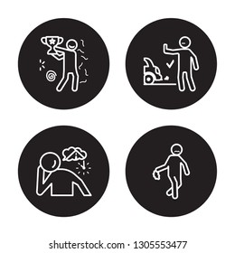 4 linear vector icon set : old human, nostalgic human, OK human, nervous human isolated on black background, outline icons