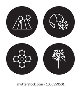 4 linear vector icon set : Field, Dianthus, eco globe, Dandelion isolated on black background, Field, Dianthus, eco globe, Dandelion outline icons