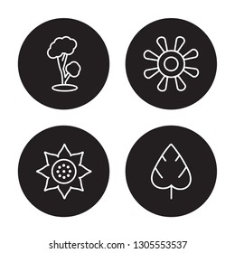 4 linear vector icon set : Tree, Sunrise, Sunset, Spear Shaped isolated on black background, Tree, Sunrise, Sunset, Spear Shaped outline icons