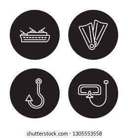 4 linear vector icon set : Frigate, Fishing Hook, Flippers, Diving mask isolated on black background, Frigate, Fishing Hook, Flippers, Diving mask outline icons