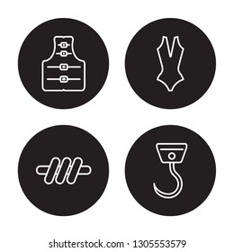 4 linear vector icon set : Life Jacket, Knot, Lady Swimwear, Hook isolated on black background, Life Jacket, Knot, Lady Swimwear, Hook outline icons