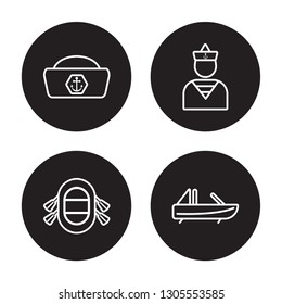4 linear vector icon set : Sailor cap, Rubber Raft, Sailor, Roofless Speed Boat isolated on black background, Sailor cap, Rubber Raft, Sailor, Roofless Speed Boat outline icons