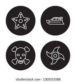 4 linear vector icon set : Starfish with dots, Skull and bones, Speed boat isolated on black background, Starfish with dots, Skull and bones, Speed boat outline icons