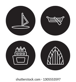 4 linear vector icon set : Windsail, ballast, Seaworthy, afterdeck isolated on black background, Windsail, ballast, Seaworthy, afterdeck outline icons
