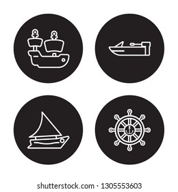 4 linear vector icon set : caravel, felucca, motorboat, marine isolated on black background, caravel, felucca, motorboat, marine outline icons