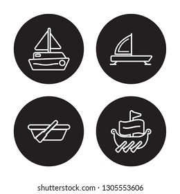 4 linear vector icon set : scow, skiff, iceboat, trireme isolated on black background, scow, skiff, iceboat, trireme outline icons