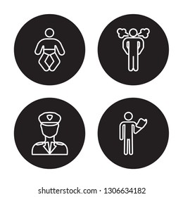 4 linear vector icon set : Baby, Airplane pilot, Angry Man, Acting class isolated on black background, Baby, Airplane pilot, Angry Man, Acting class outline icons