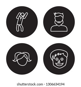 4 linear vector icon set : Man Dancing, Little girl face, Male User Manager face isolated on black background, Man Dancing, Little girl face, Male User Manager face outline icons