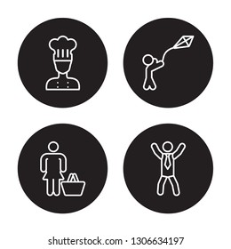 4 linear vector icon set : Kitchen chef, Housewife shopping, kid flying kite, Happy man isolated on black background, Kitchen chef, Housewife shopping, kid flying kite, Happy man outline icons