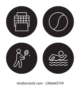 4 linear vector icon set : Tennis court, Tennis, Tennis ball, Swimming isolated on black background,outline icons