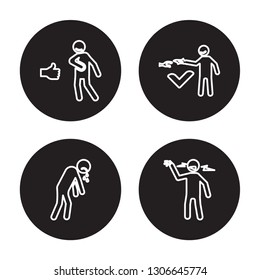 4 linear vector icon set : safe human, rough human, sad human, relieved human isolated on black background, outline icons