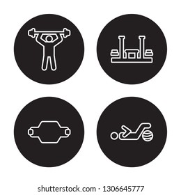 4 linear vector icon set : fitness Body, fitness Belt, Fitness bench, Fitness Ball isolated on black background,outline icons