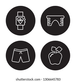 4 linear vector icon set : Fitness Tracker, fitness Shorts, fitness Step, Fitness Nutrition isolated on black background, outline icons