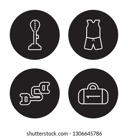 4 linear vector icon set : Standing Punching Ball, sport Expander, Sport wear, Sport bag isolated on black background,