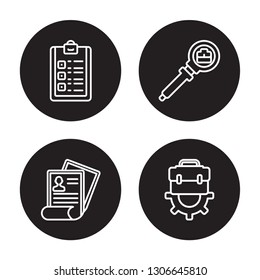 4 linear vector icon set : List, job Application, Job search, Job isolated on black background,outline icons