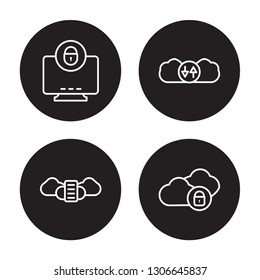 4 linear vector icon set : Computer security, Cloud server, Cloud storage, Cloud isolated on black background,Cloud outline icons