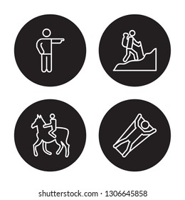 4 linear vector icon set : Man pointing, Man Horseriding, Man in Hike, Man Flying isolated on black background,outline icons